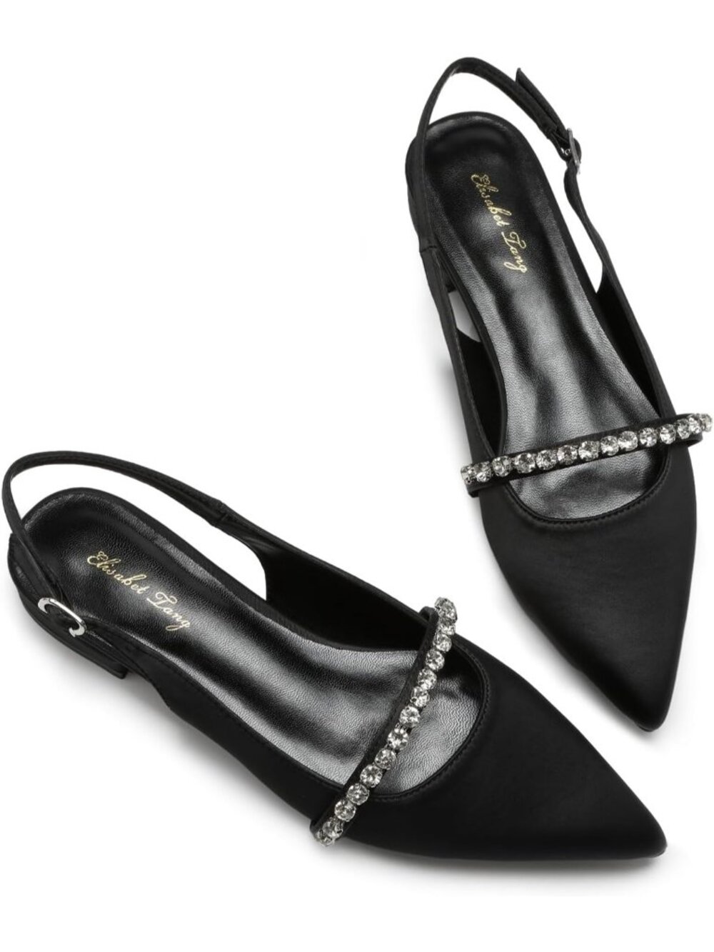 Women's Black Satin Leather Slingback Flats Rhinestone Closed Pointed Toe Shoes